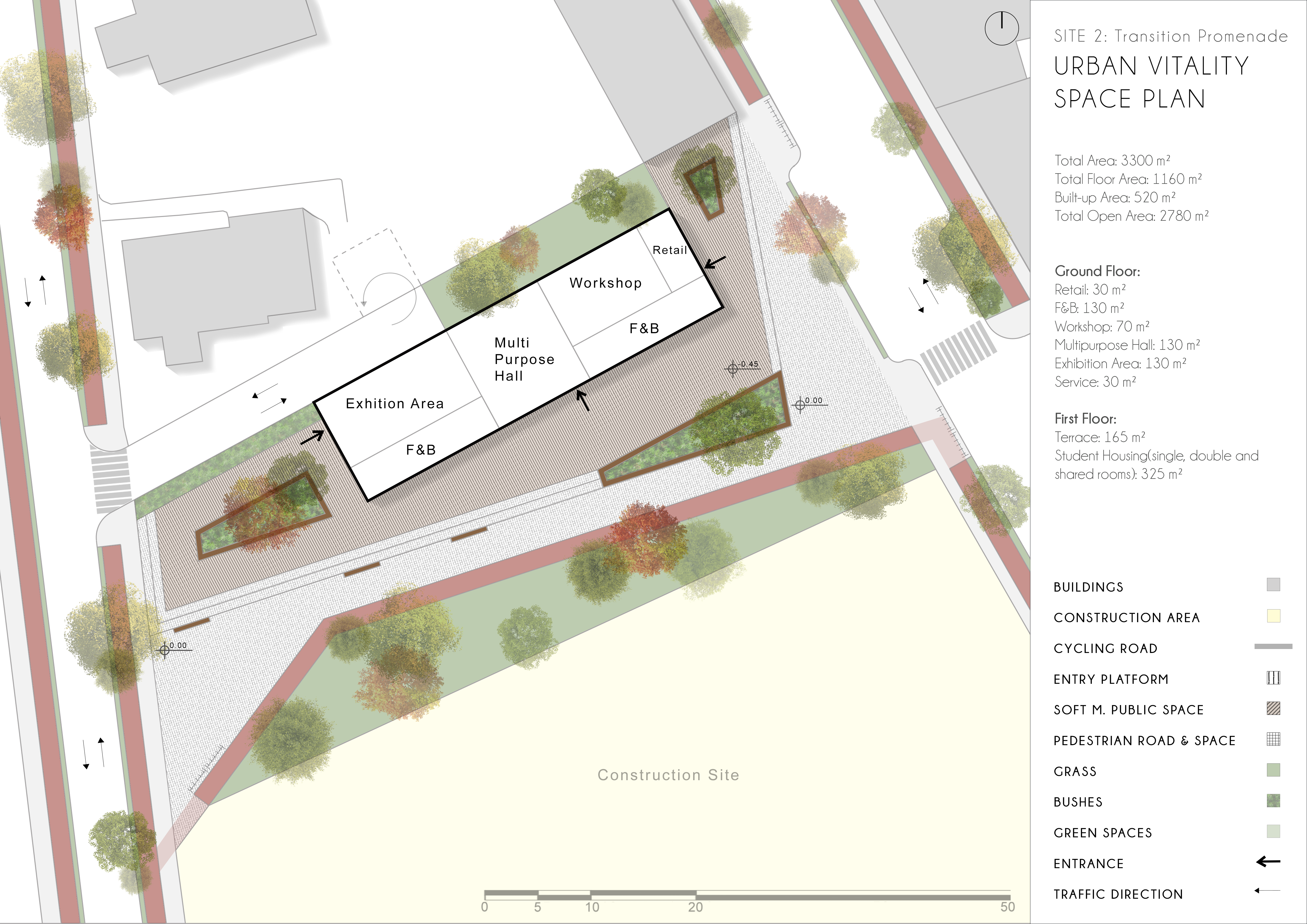 Site 2 Urban Vitality Space Plan — F&B, exhibition area, multipurpose hall, workshop, and retail across the transitional promenade node